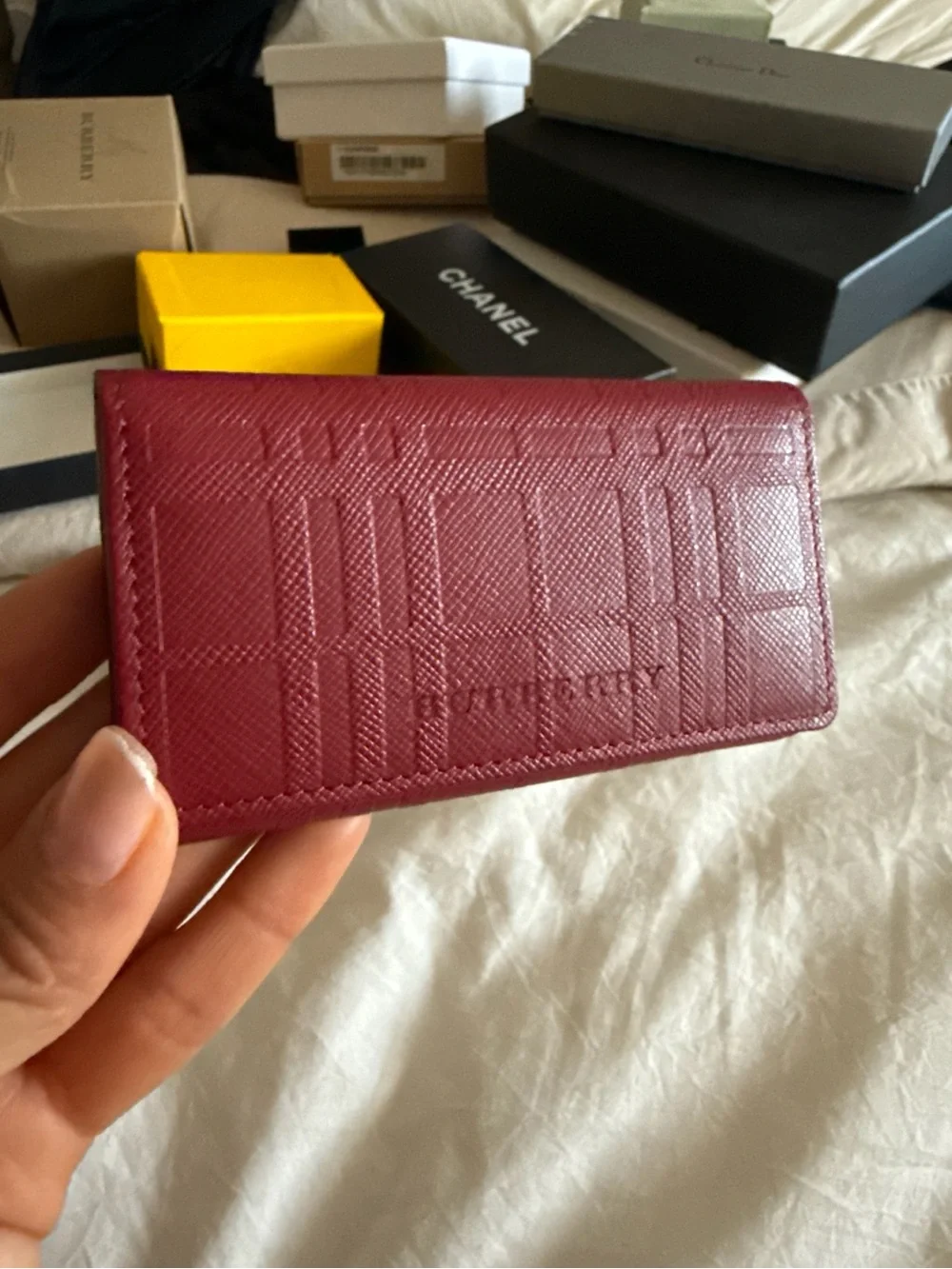 Burberry Embossed Check Leather Key Holder Burgundy NIB
